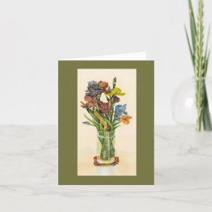 Carte Joyeuse Pâques avec vase de fleurs d'iris