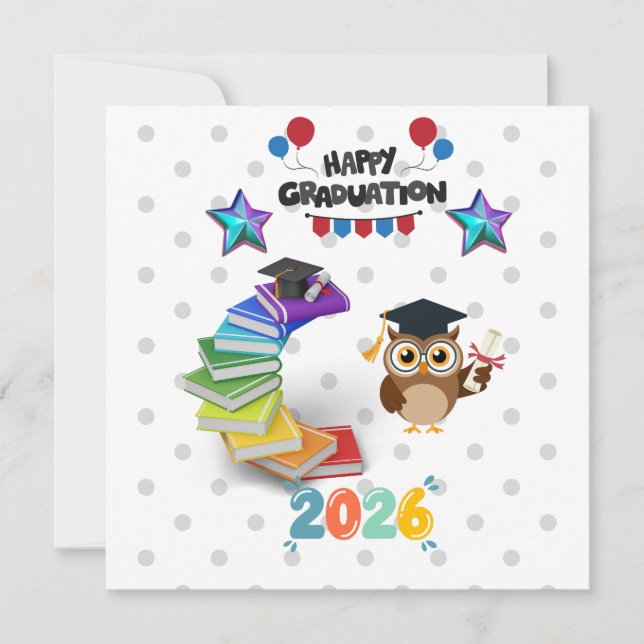 Carte Joyeuse remise de diplômes 2026 - Chouette mignonn (Devant)