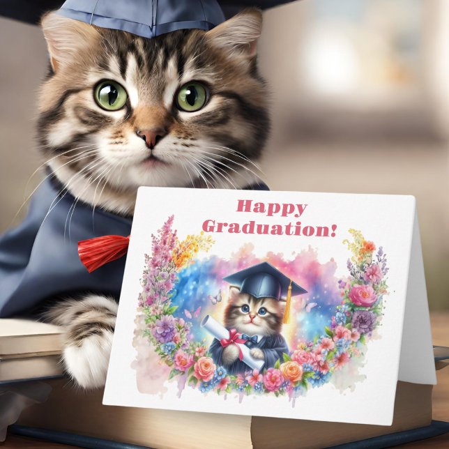 Carte Joyeuse remise de diplômes avec petit chaton ! (Paws-itively purr-fect: Celebrate graduation with feline flair and floral charm!)
