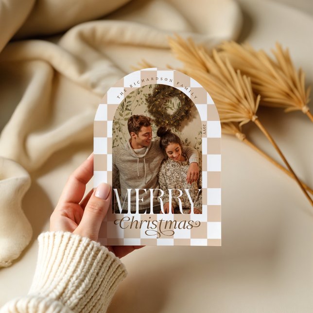 Carte Joyeuse Retro Checkerboard Arche photo Holid (Merry Retro Checkerboard Arch Photo Holiday Card)