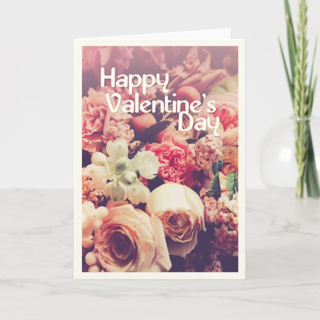 Carte Joyeuse Saint-Valentin avec bouquet de fleurs vint (Devant)