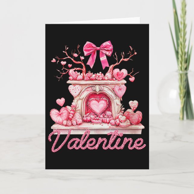 Carte Joyeuse Saint-Valentin Cheminée Rétro Cœurs Roses  (Devant)