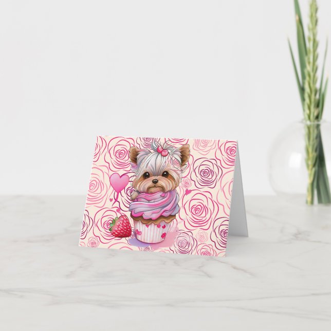 Carte Joyeuse Saint-Valentin Chien Cupcake Roses (Devant)