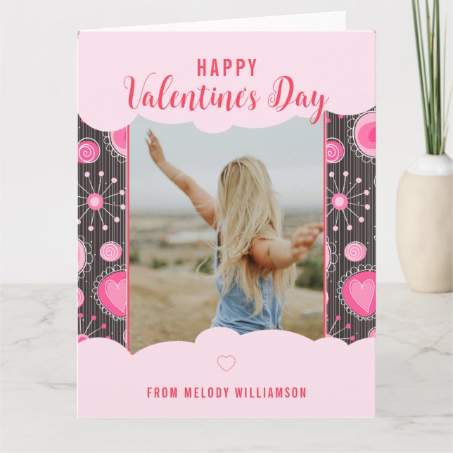 Carte Joyeuse Saint-Valentin Cœur rose fantaisiste fleur (Devant)