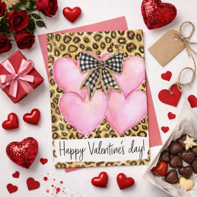 Carte Joyeuse Saint-Valentin – Cœurs de léopard et nœud (Créateur téléchargé)