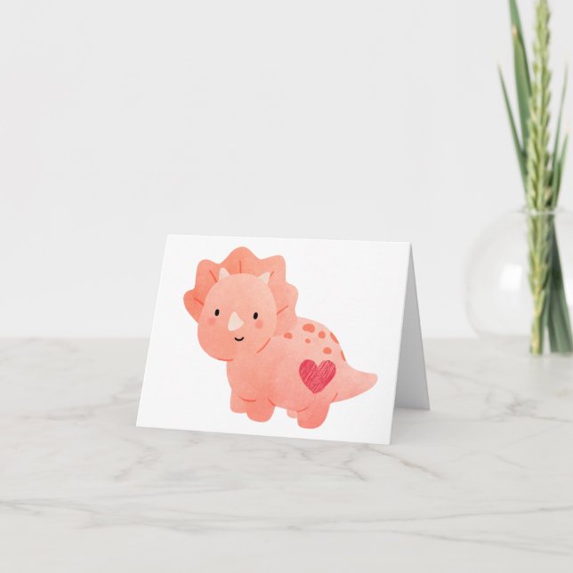 Carte Joyeuse Saint-Valentin Dinosaure et cœur à l'aquar (Devant)