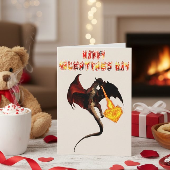 Carte Joyeuse Saint-Valentin Dragon Rouge Feu Cœur (Créateur téléchargé)