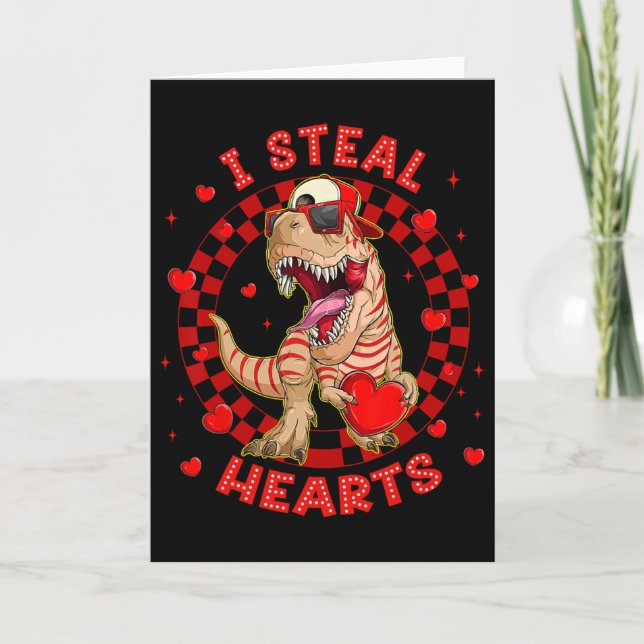 Carte Joyeuse Saint-Valentin Je vole des cœurs Trex Dino (Devant)
