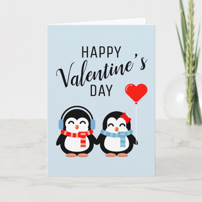 Carte Joyeuse Saint-Valentin | Manchots Mignons (Devant)