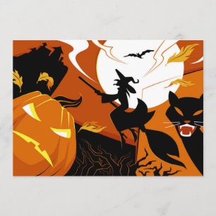 Carte Joyeuse sorcière Halloween, chauves-souris et citr
