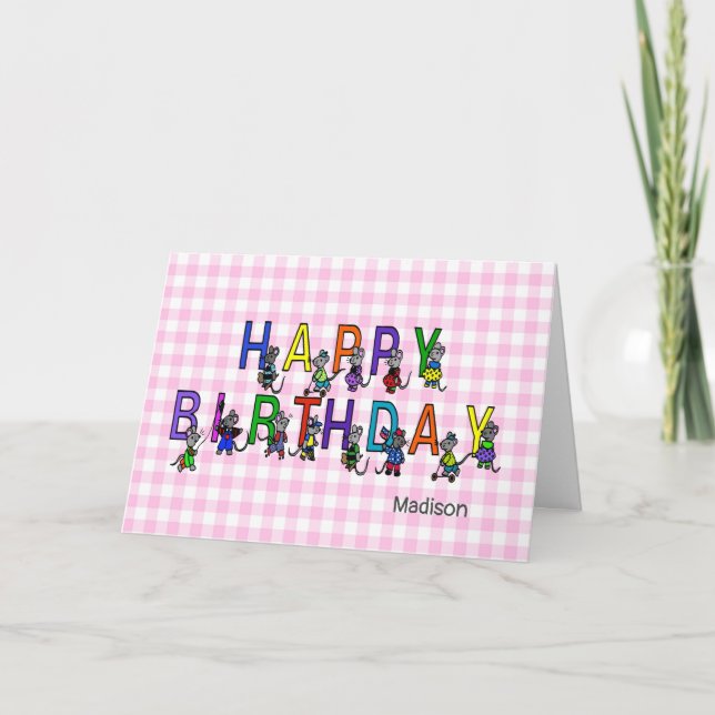 Carte Joyeuse souris d'anniversaire sur en vichy rose (Devant)