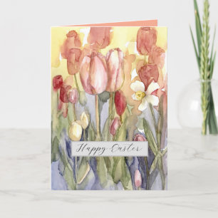 Carte Joyeuse Tulipes roses de Pâques Daffodil Aquarelle