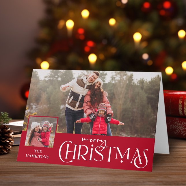 Carte Joyeuse typographie de Noël Rouge à deux photos (Créateur téléchargé)