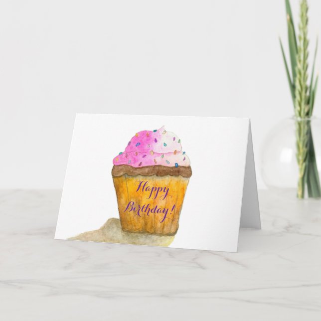 Carte Joyeuses aquarelles d'anniversaire Cupcake rose, a (Devant)