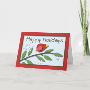Carte "Joyeuses Fêtes" avec oiseau rouge sur une b