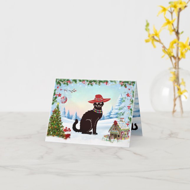 Carte Joyeuses Fêtes Chat Noir (Fleur jaune)