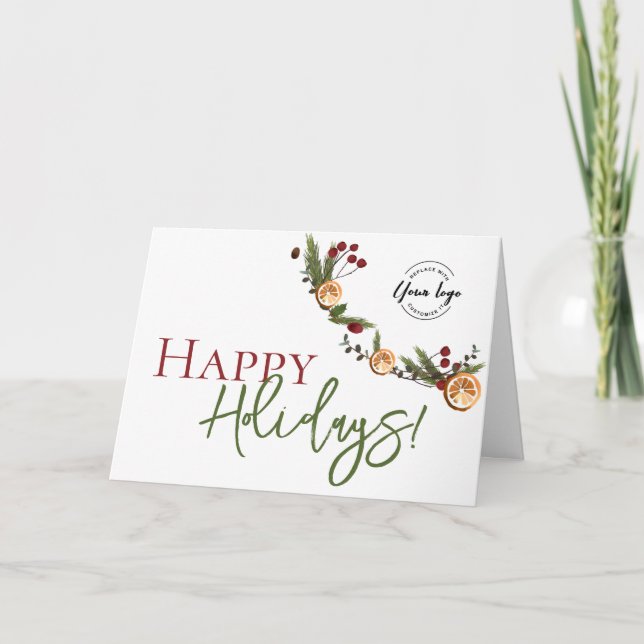 Carte Joyeuses Fêtes Couronne de feuilles d'orange Logo  (Devant)
