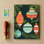 Carte Joyeuses Fêtes des ornements de Noël rétro<br><div class="desc">Envoyez des voeux festifs cette année avec cette carte de Noël illustrative de Bonnes Fêtes avec des ornements rétro du milieu du siècle.</div>
