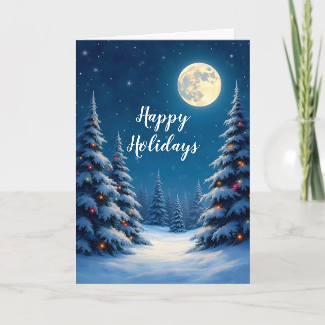 Carte Joyeuses Fêtes forêt enneigée au clair de lune (Devant)