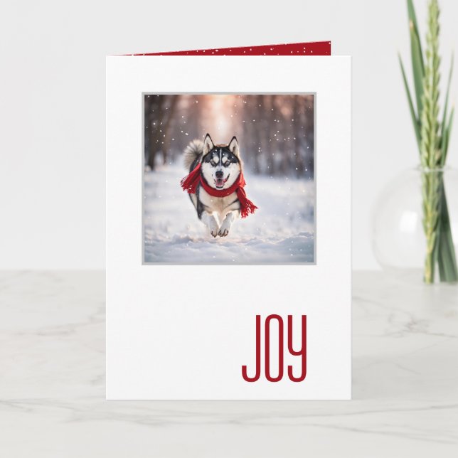 Carte Joyeuses Fêtes Husky Avec une Écharpe Rouge (Devant)