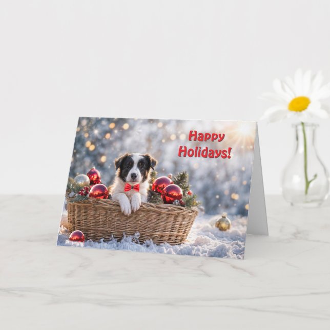 Carte Joyeuses fêtes Noël jolie frontière Collie Puppy (Petite plante)