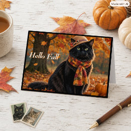 Carte Joyeuses Feuilles d'Automne Chat Noir dans un Chap