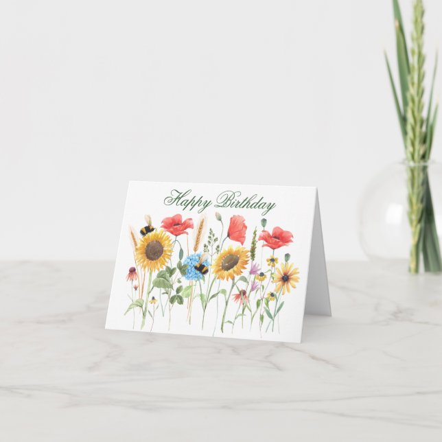 Carte Joyeuses fleurs d'aquarelle d'anniversaire (Devant)