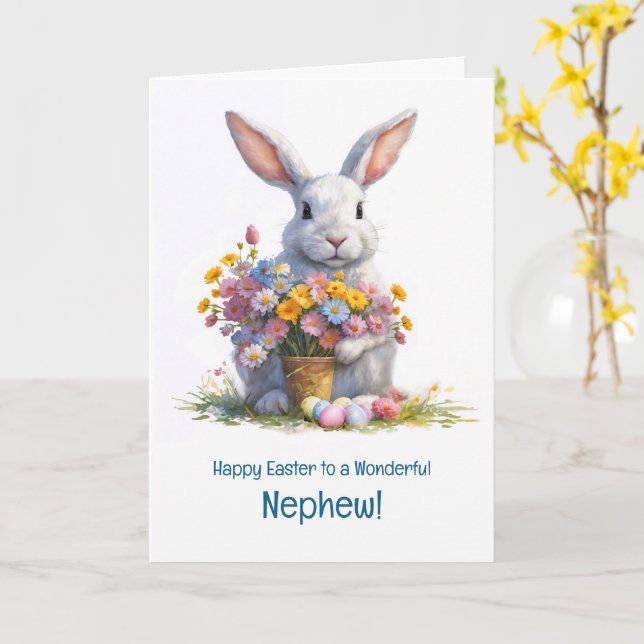 Carte Joyeuses Pâques à mon neveu avec un lapin mignon  (Fleur jaune)