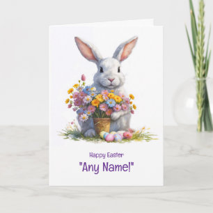 Carte Joyeuses Pâques Any Name avec Lapin Mignon et Fleu