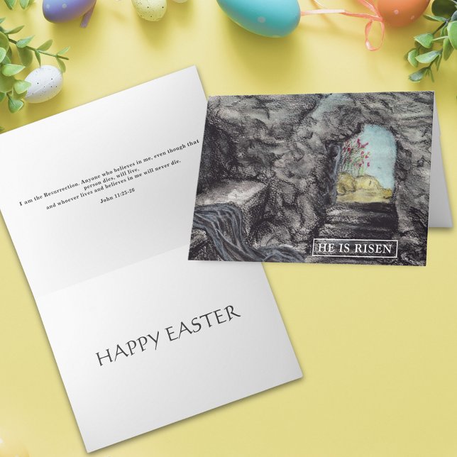 Carte Joyeuses Pâques Art aquarelle chrétien (He is risen happy Easter bible quote christian art religious holiday greetings card)