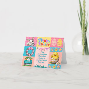 Carte Joyeuses Pâques avec Lapin, Poussin, Œufs & Fleurs
