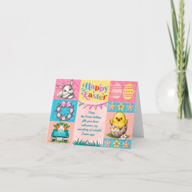 Carte Joyeuses Pâques avec Lapin, Poussin, Œufs & Fleurs (Devant)