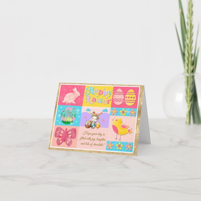 Carte Joyeuses Pâques avec Lapin, Poussin, Œufs & Fleurs (Devant)