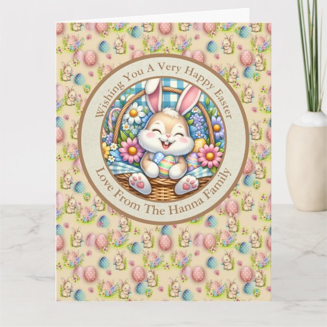 Carte Joyeuses Pâques avec un lapin mignon, des œufs et  (Devant)