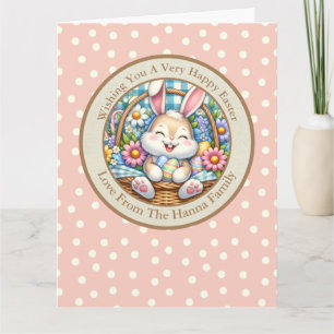 Carte Joyeuses Pâques avec un lapin mignon, des œufs et