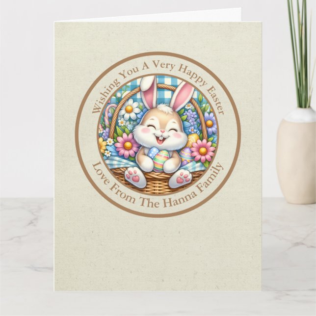 Carte Joyeuses Pâques avec un lapin mignon, des œufs et  (Devant)