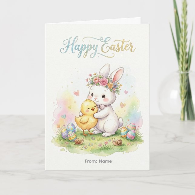 Carte Joyeuses Pâques Bisous Lapin et Poussin (Devant)