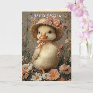 Carte Joyeuses Pâques Canard Mignon Chapeau de Paille Fl