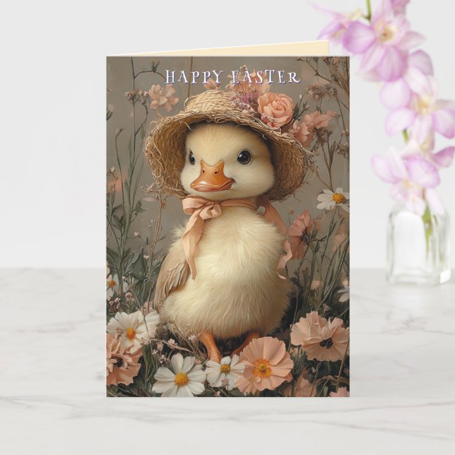 Carte Joyeuses Pâques Canard Mignon Chapeau de Paille Fl (Orchidée)