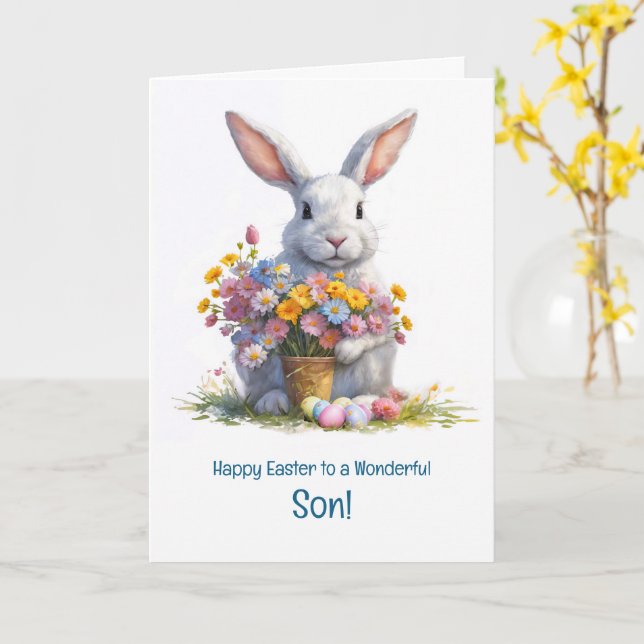 Carte Joyeuses Pâques Cute Bunny Lapin et Pâques  (Fleur jaune)