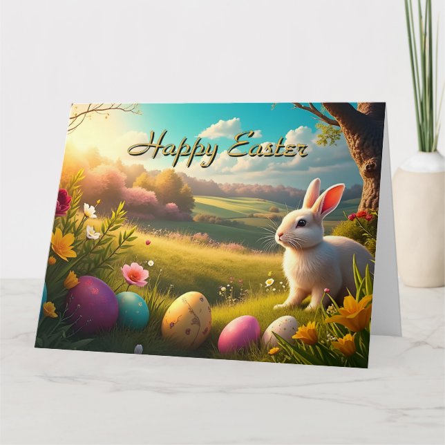 Carte Joyeuses Pâques dans un paysage printanier (Devant)