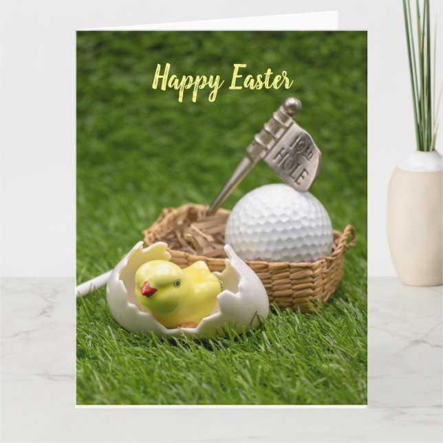 Carte Joyeuses Pâques de golf avec poulet et balle de go (Devant)