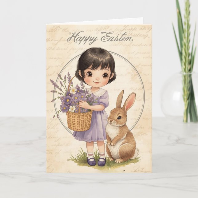 Carte Joyeuses Pâques - Lapine Fille au Lavande (Devant)