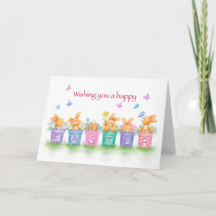Carte Joyeuses Pâques, lapins dans des pots de fleurs av