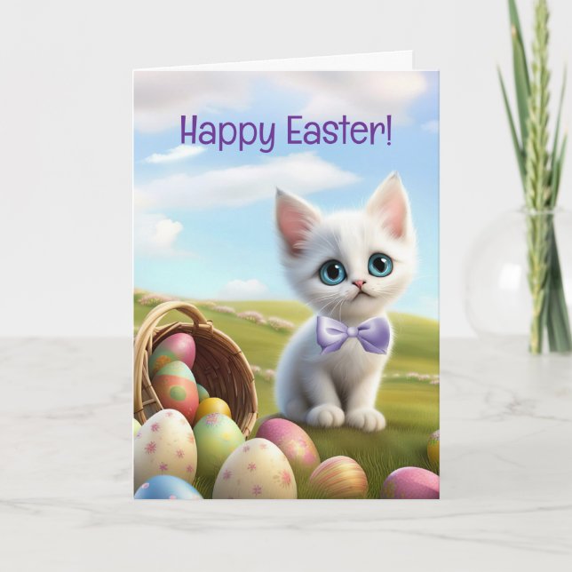 Carte Joyeuses Pâques Mignon Chat avec Panier de Pâques  (Devant)