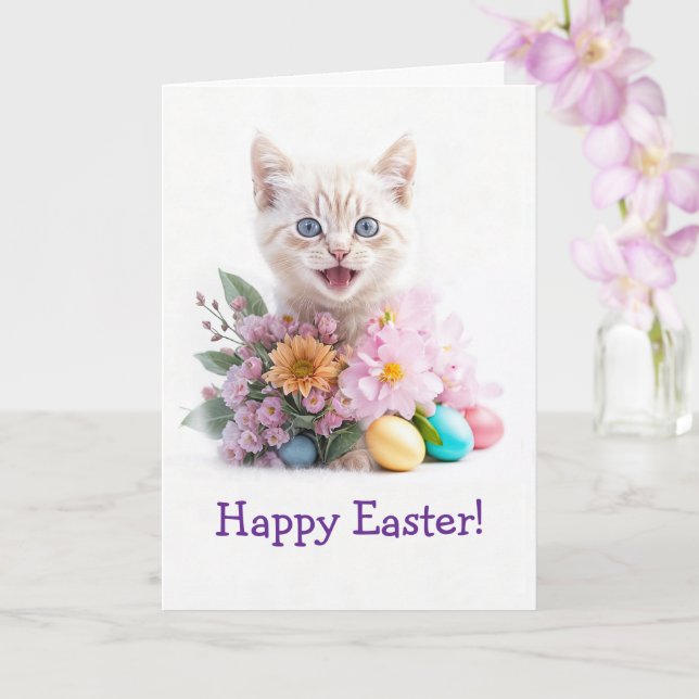 Carte Joyeuses Pâques Mignon Chat Roux dans les Fleurs  (Orchidée)