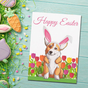 Carte Joyeuses Pâques Mignon Corgi Lapin Floral Personna