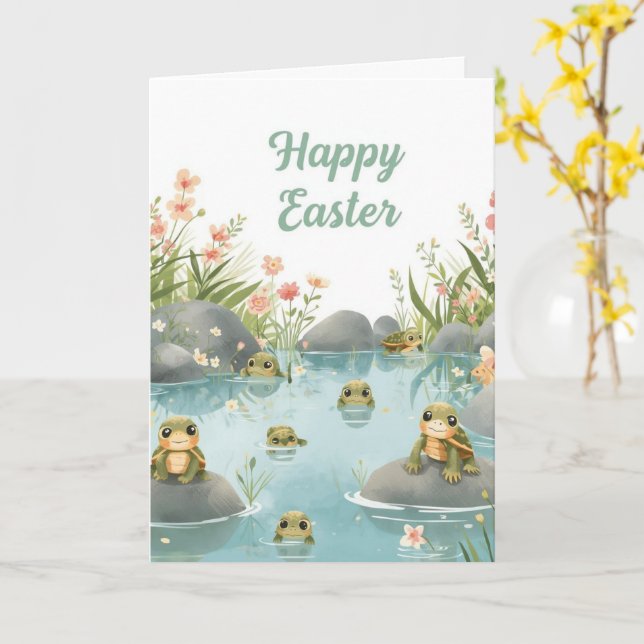 Carte Joyeuses Pâques tortues (Fleur jaune)