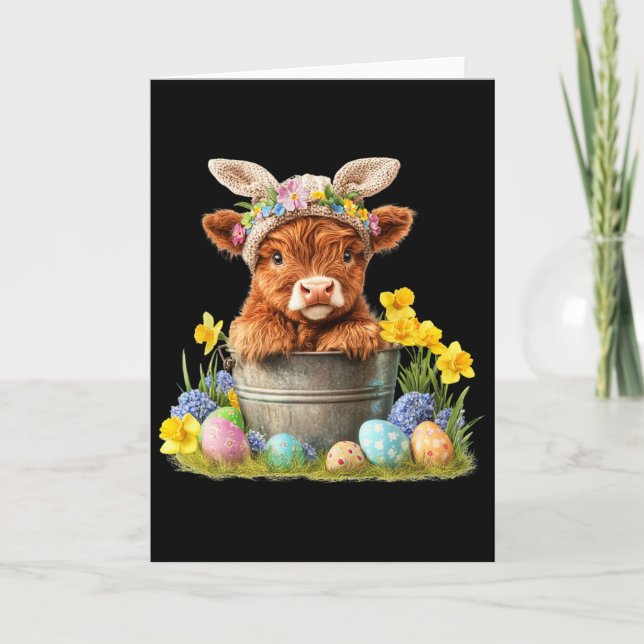 Carte Joyeuses Pâques Vache Écossaise Génisse Mignonne F (Devant)