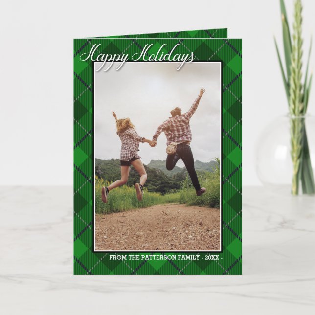 Carte Joyeuses Vacances Famille Photo Vert Style Tartan (Devant)
